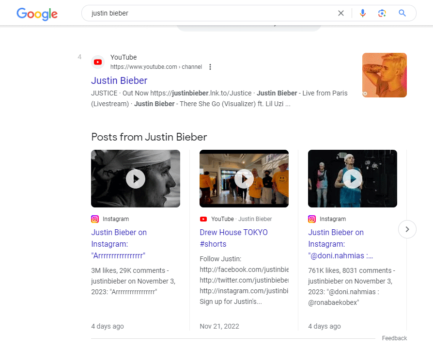 Google Search Posts From Justin Beiber