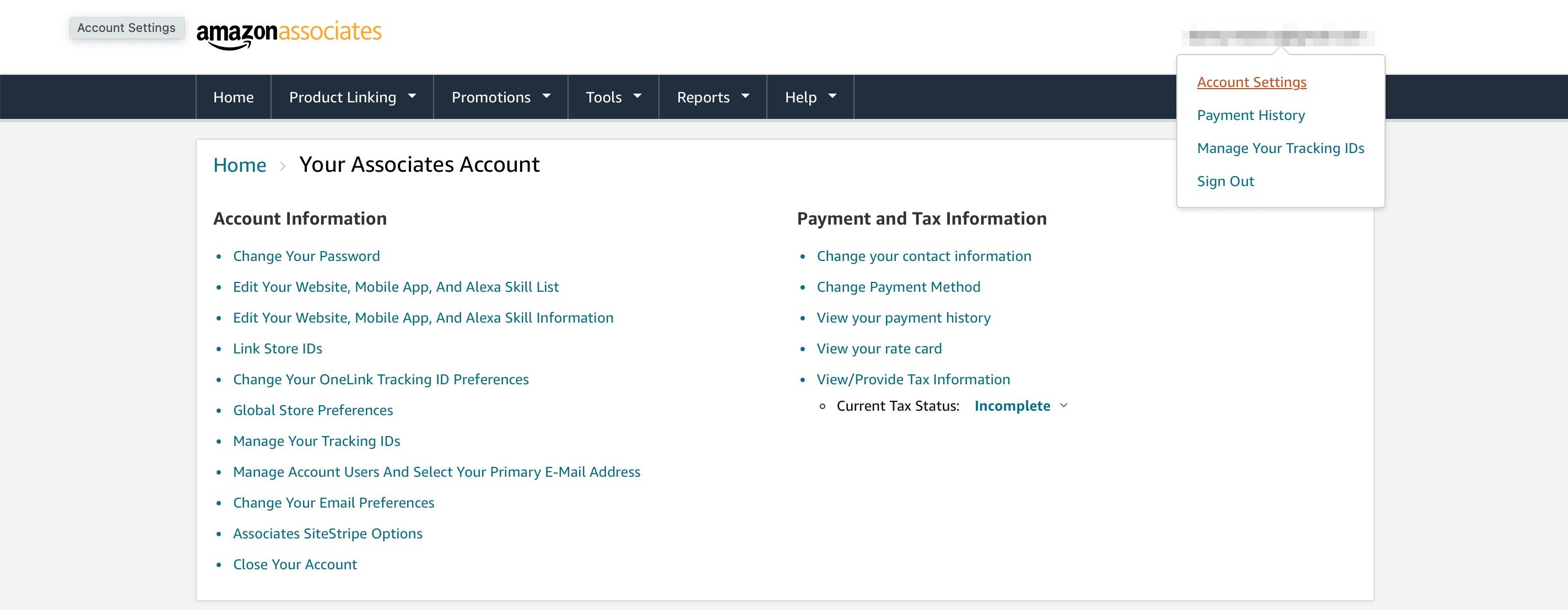 Account Settings Page and Selection in Amazon Associates