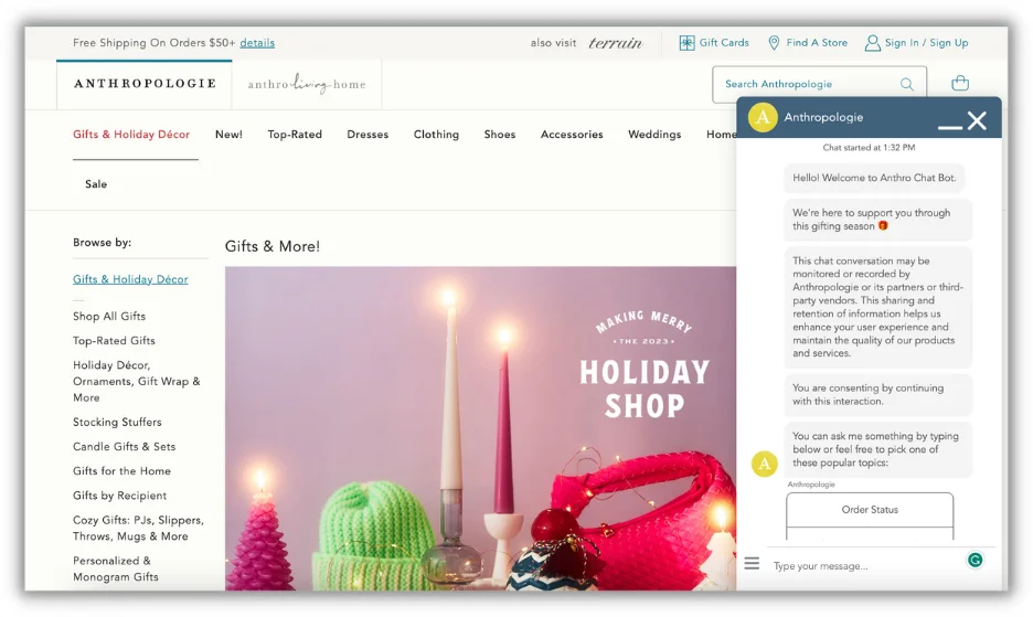 ai holiday marketing - ai chat during holiday marketing season from anthropologie