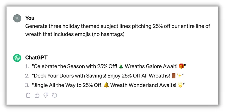 ai holiday marketing prompt example for email subject line
