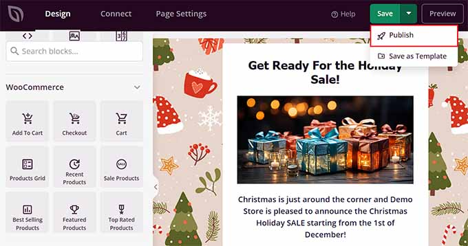 Publish landing page for the holiday sale