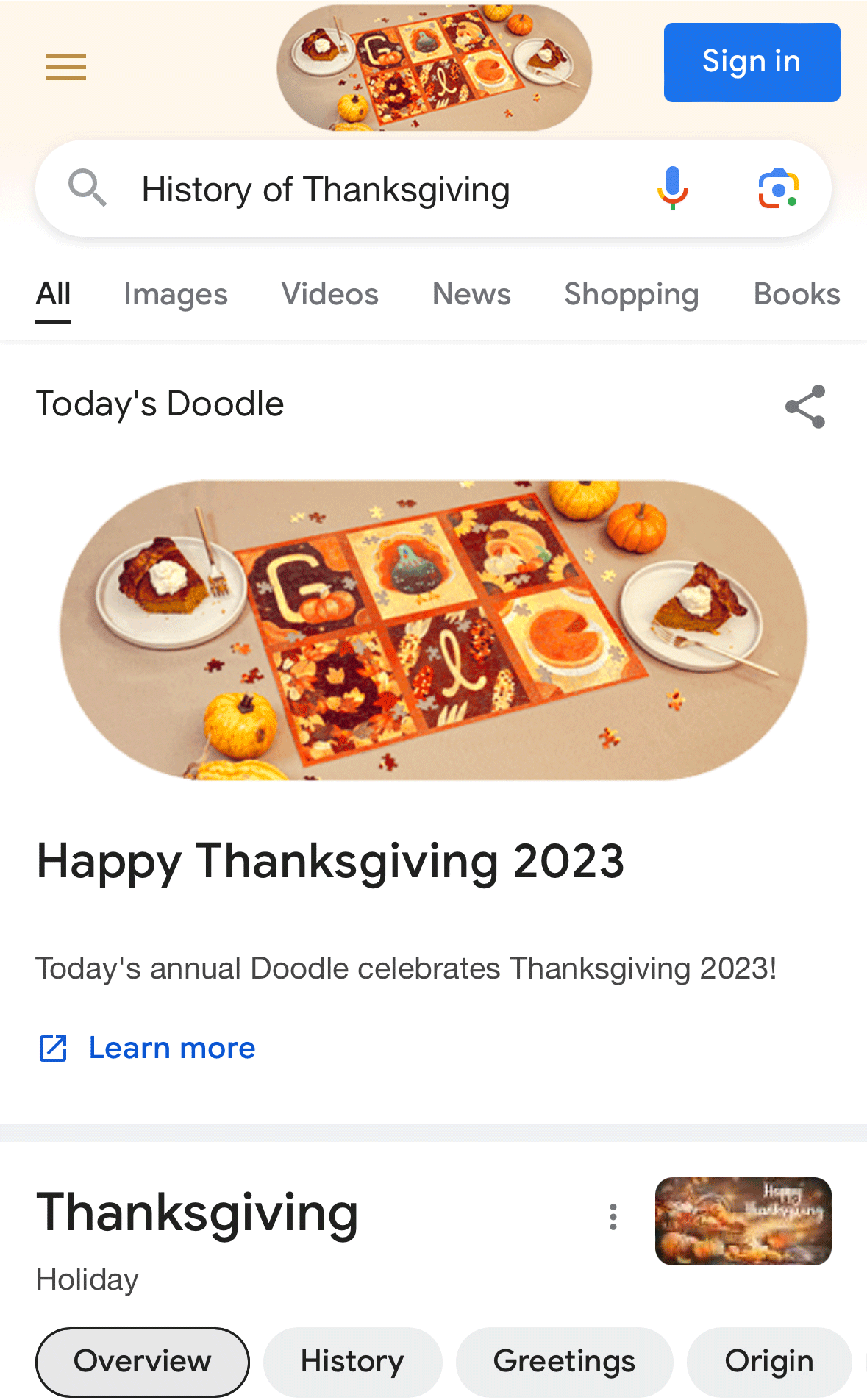 Google History Of Thanksgiving Serp