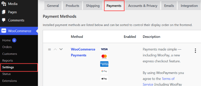 WooCommerce payments tab 