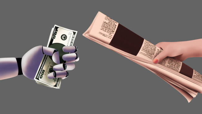 illustration of a robot hand handing money to a human hand holding a newspaper