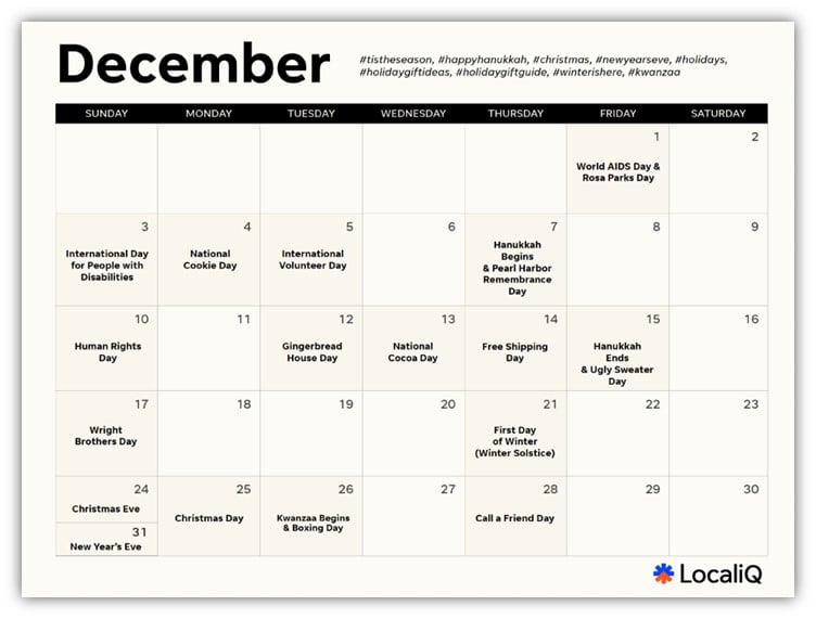 inclusive marketing holidays - holiday marketing calendar example