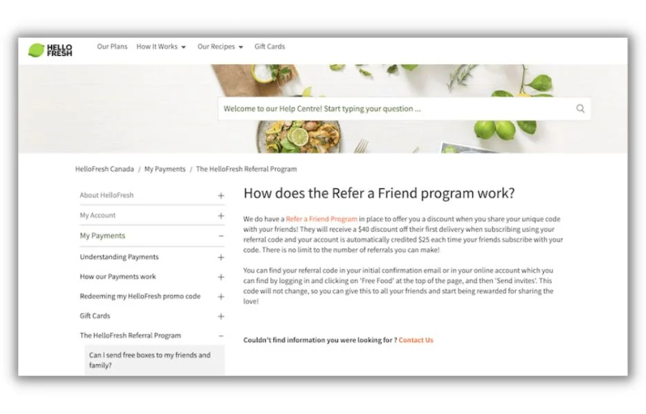 How to get clients - screenshot of hello fresh's referral program