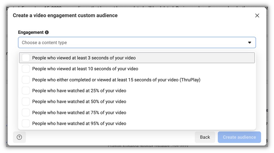 facebook video ads - video engagement audience