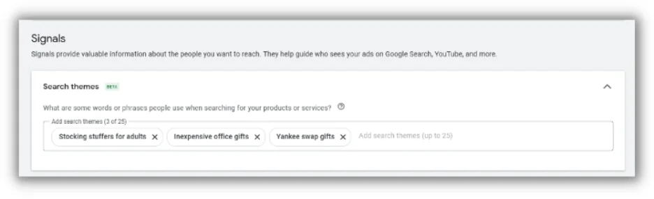 google ads search themes set up in performance max