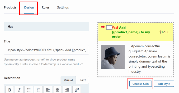 Clicking Choose Skin in the FunnelKit Order Bump Design tab