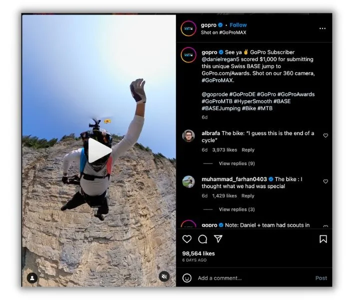 Brand community - Screenshot of GoPro's social media page