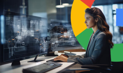 Woman Computer Screen Overlays Google Logo