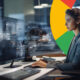 Woman Computer Screen Overlays Google Logo