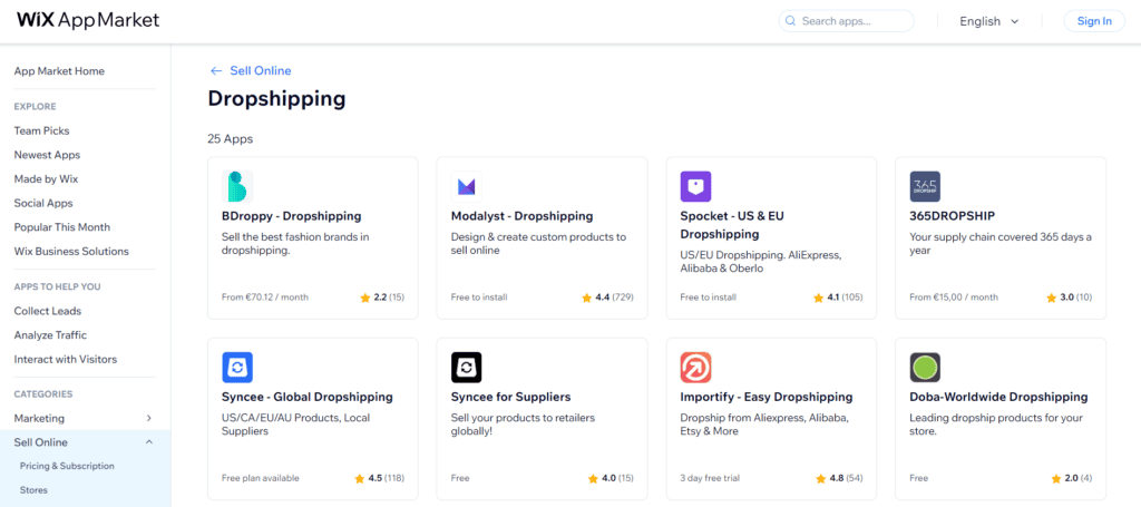 Wix App Market - Dropshipping apps
