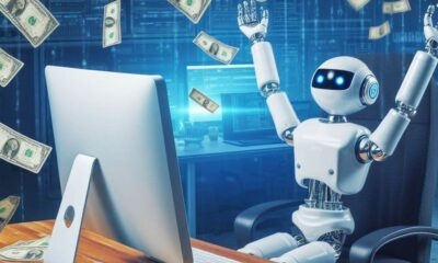 A robot sat on a desk with a computer throwing money in the air