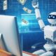 A robot sat on a desk with a computer throwing money in the air