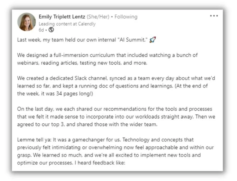 Content marketing trends - screenshot of a linkedin post from Emily Lentz of Calendly