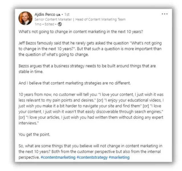 Content marketing trends - LinkedIn post from Ajdin Perco