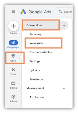 conversion value rules - screenshot of conversion value menu in Google Ads platform