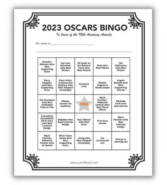 February blog ideas - bingo card for the Oscars