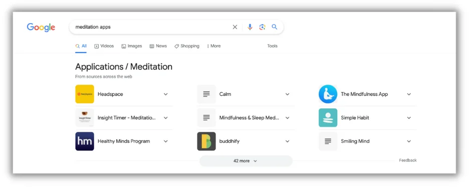 google search results for meditation apps