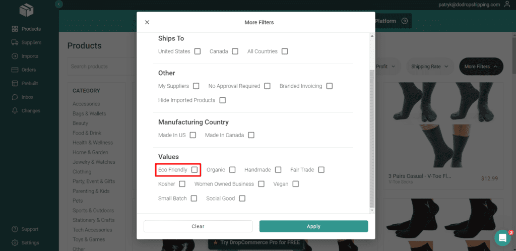 DropCommerce eco-friendly filter