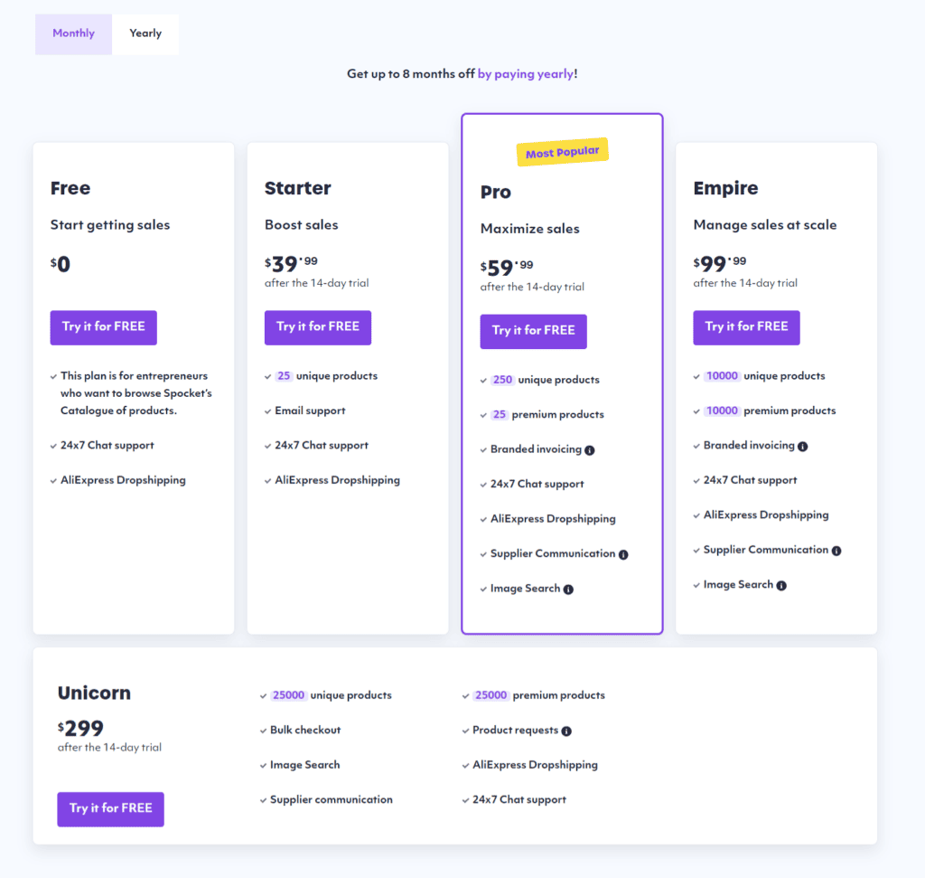 Spocket pricing plans