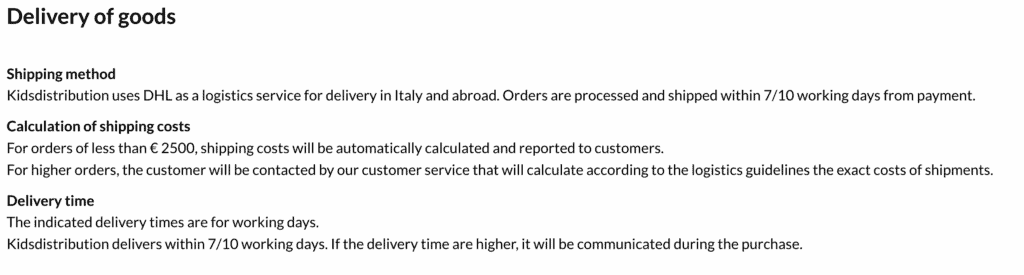 Shipping time info of KidsDistribution