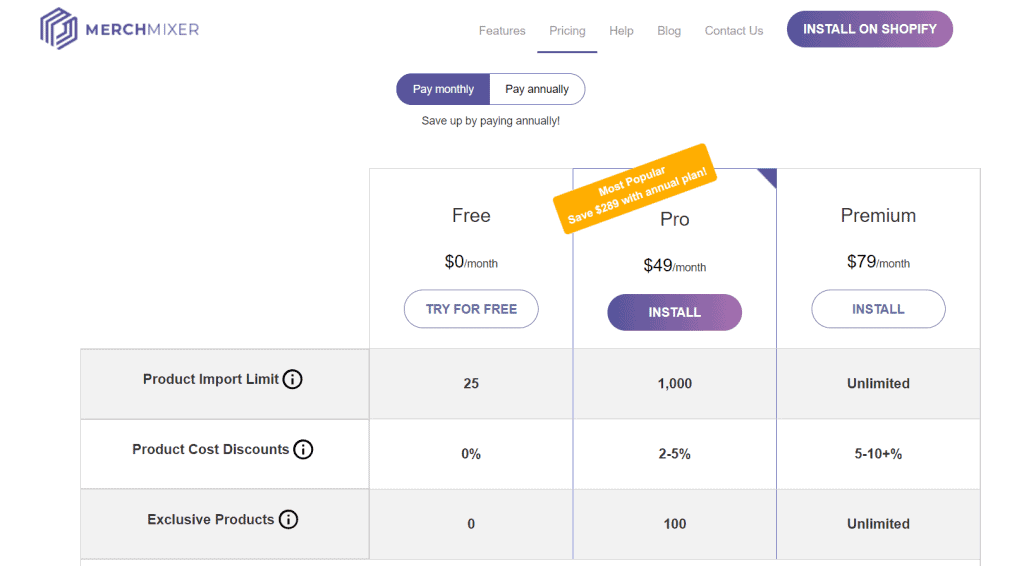 Pricing plans of MerchMixer