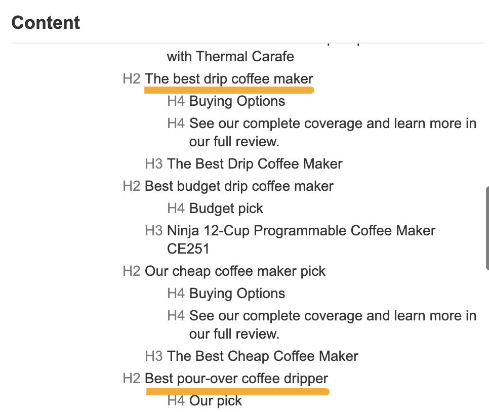 Page structure for a top-ranking page for "best coffee makers"