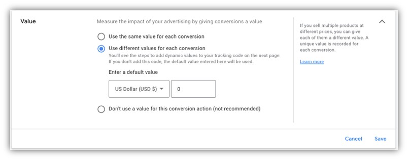 Google Ads conversion value rules example