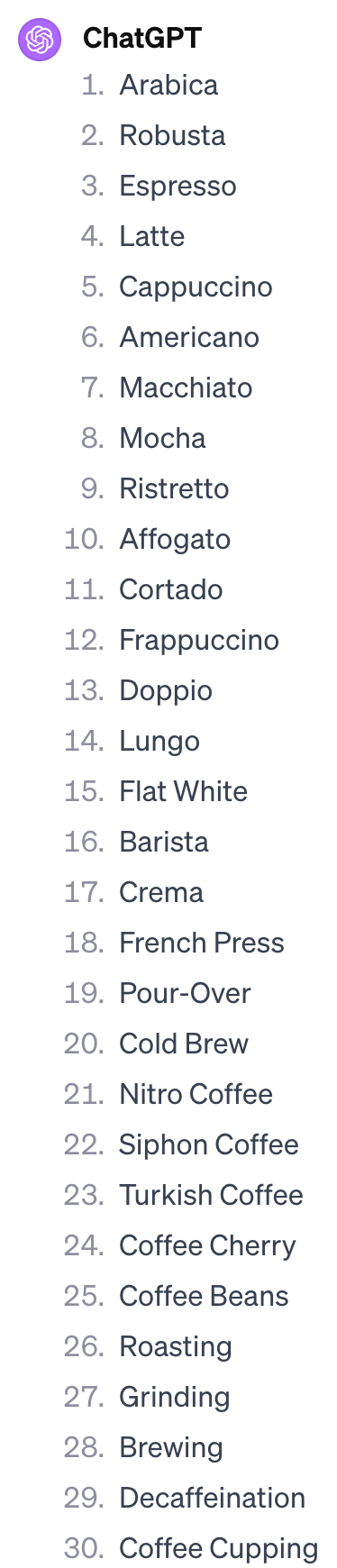 List of terms related to coffee, suggested by ChatGPT