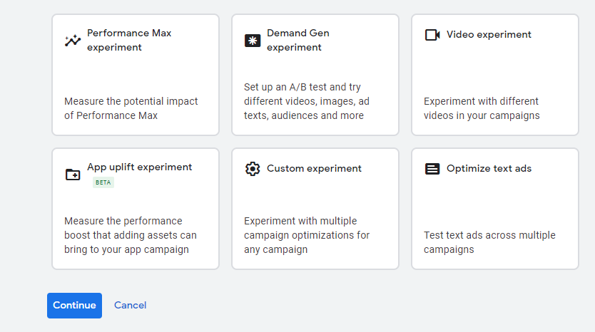 Google Ads experiment options.