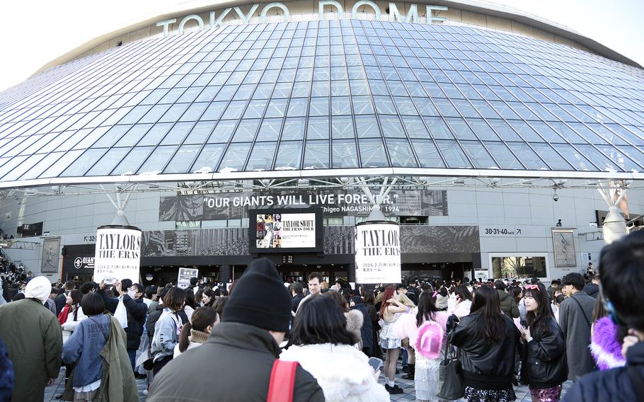 Taylor Swift fans gather outside Tokyo Dome before the city's first Eras Tour concert, Wednesday, Feb. 7, 2024. 