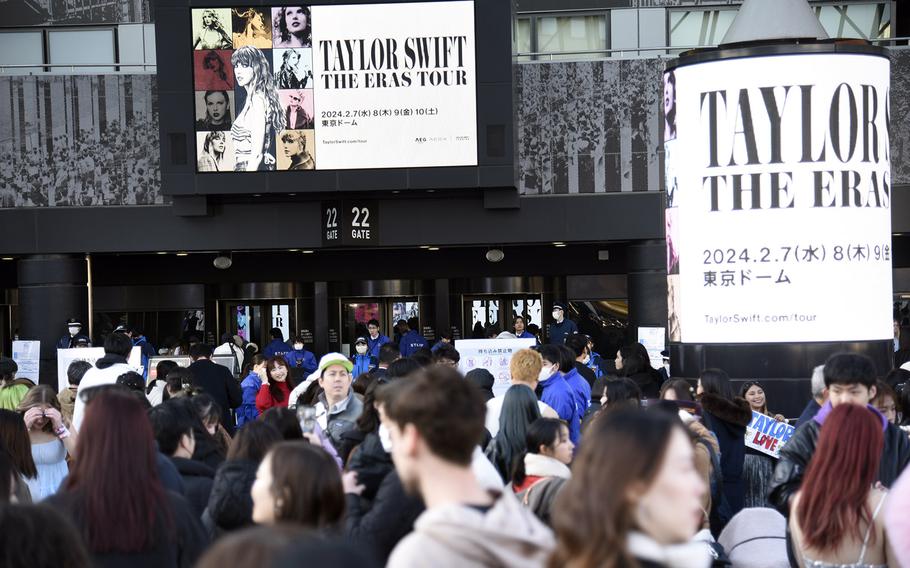 Taylor Swift fans gather outside Tokyo Dome before the city's first Eras Tour concert, Wednesday, Feb. 7, 2024.