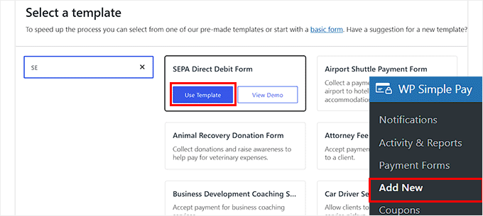Choose SEPA direct debit form template