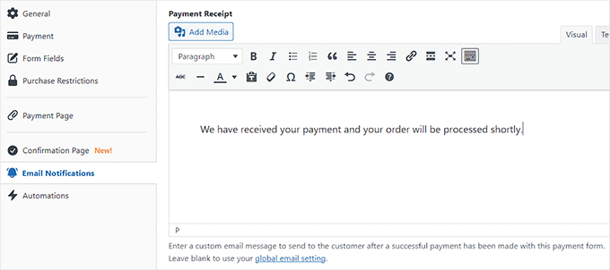 Add an email notification message for purchase confirmation
