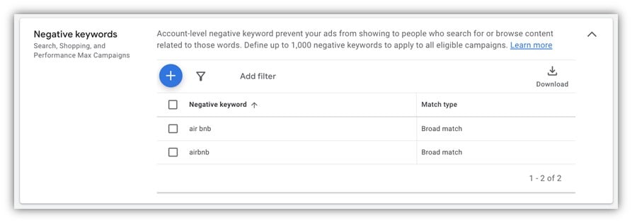 google ads performance max campaigns - negative keywords list 