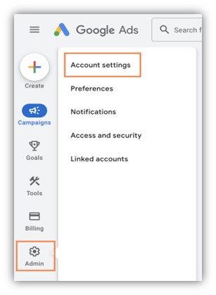 google ads performance max campaigns - screenshot of admin account settings