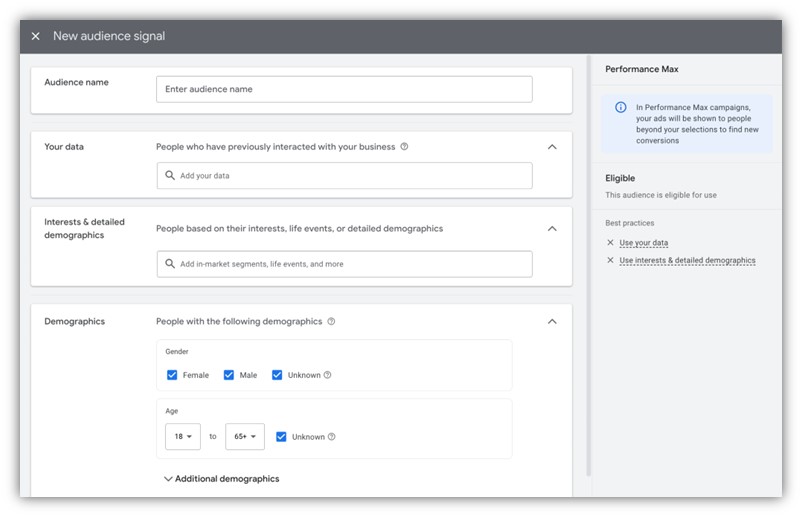 google ads performance max campaigns - audience signals screenshot