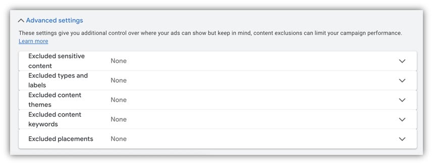 google ads performance max campaigns - screenshot of excluded content