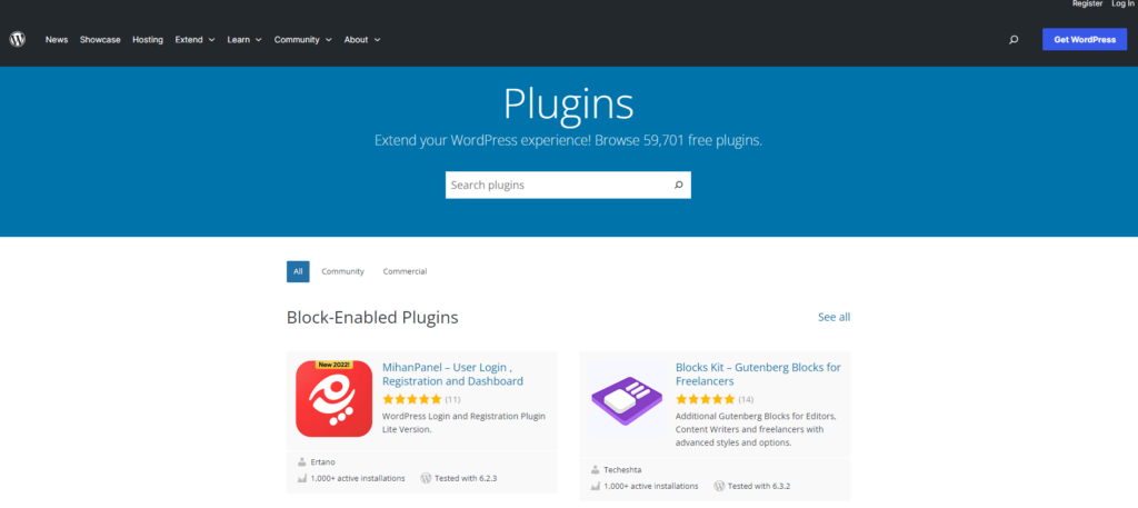 WordPress plugins page