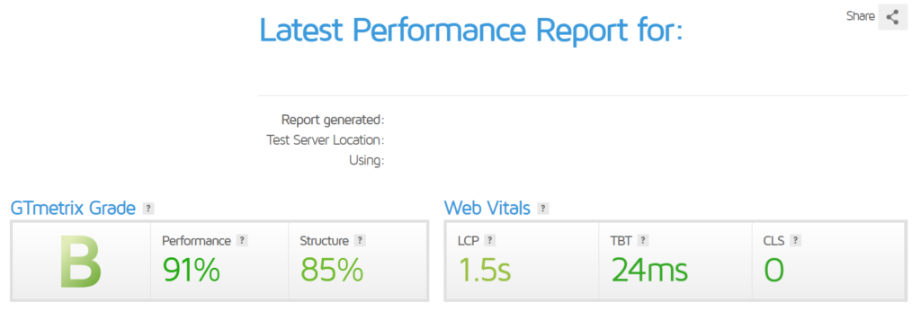 site speed optimization results from GTMetrix