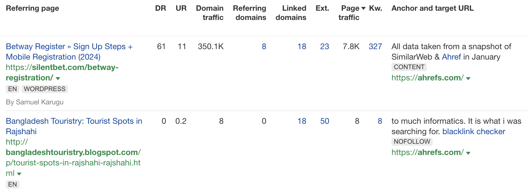 Example of spammy links, via Ahrefs' Site Explorer