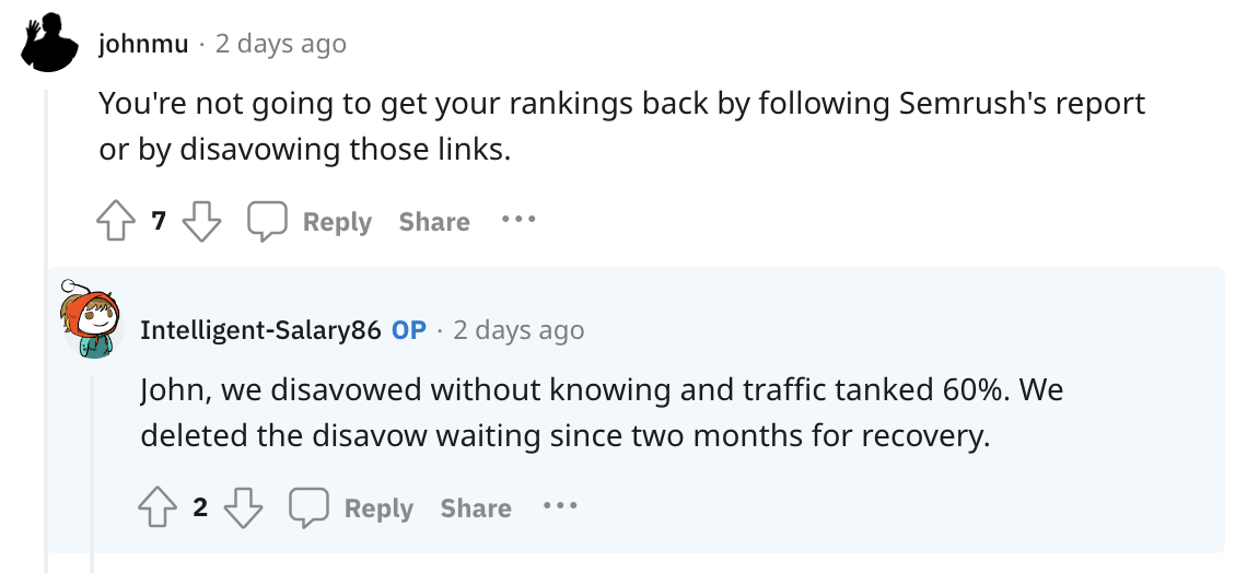 Someone on Reddit's traffic tanked 60% after disavowing "toxic" backlinks in one SEO tool