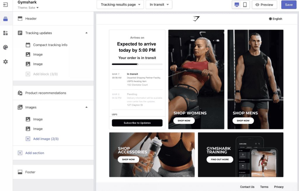 Gymshark's AfterShip branding page