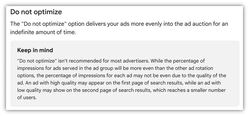 ab testing examples - screenshot of google ads ad rotation optimization options