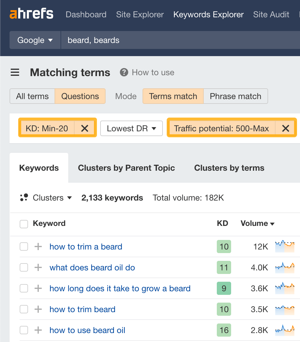 High-traffic, low-competition keywords in Keywords Explorer