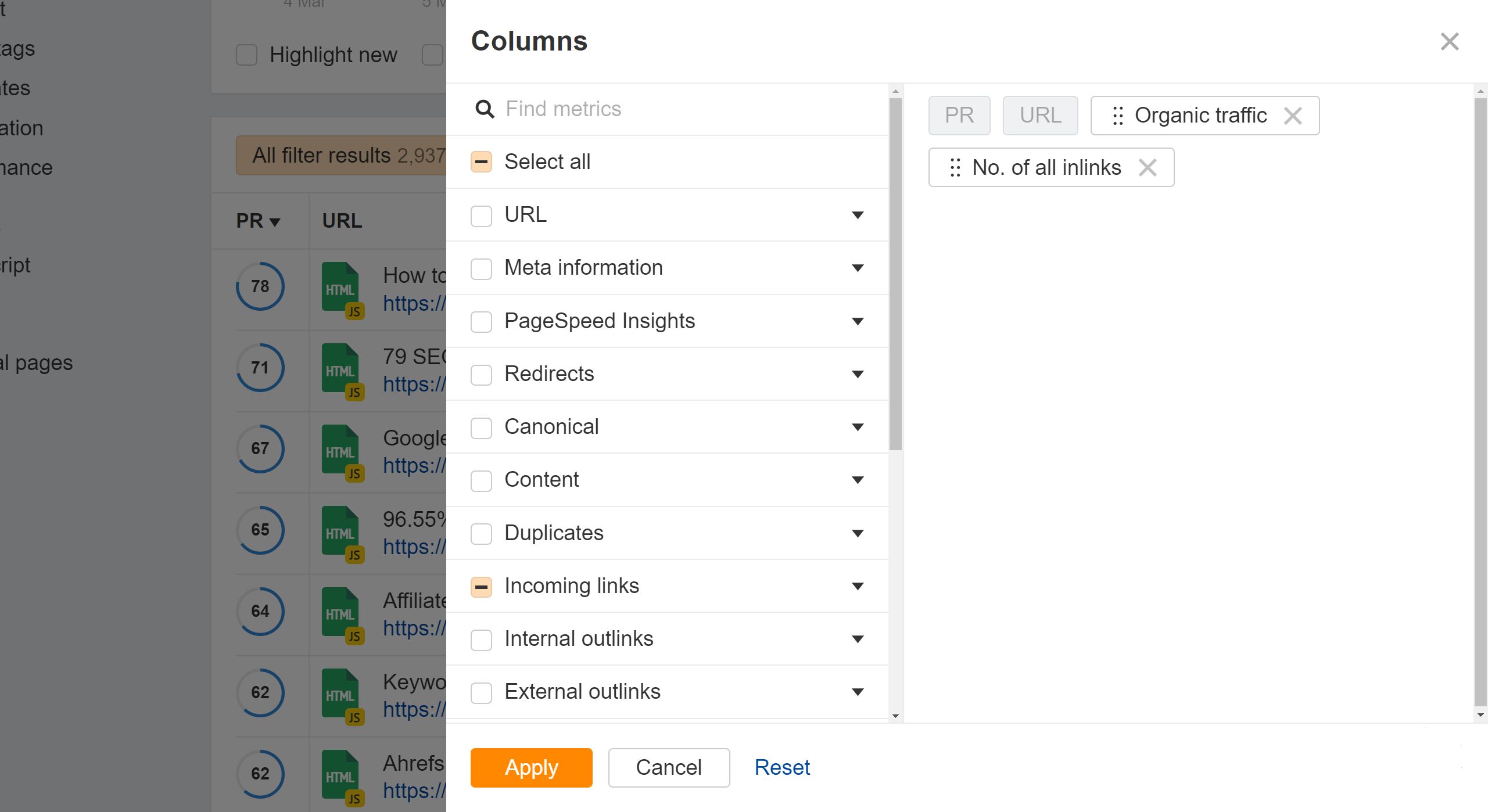 internal links and traffic from Site Audit