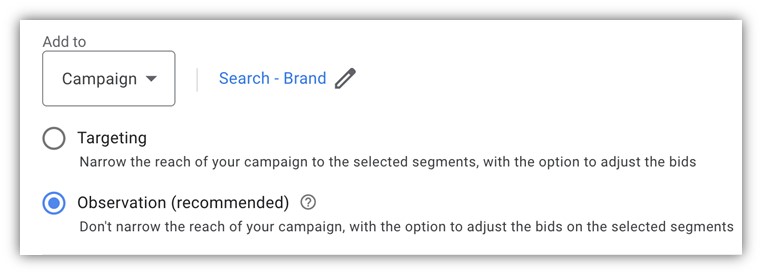 search audiences - observation settings in google ads