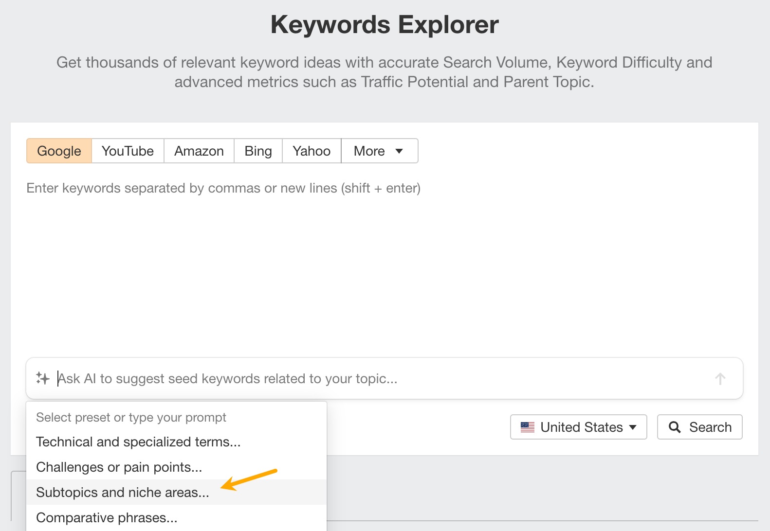 Using AI to aid keyword research process in Ahrefs.